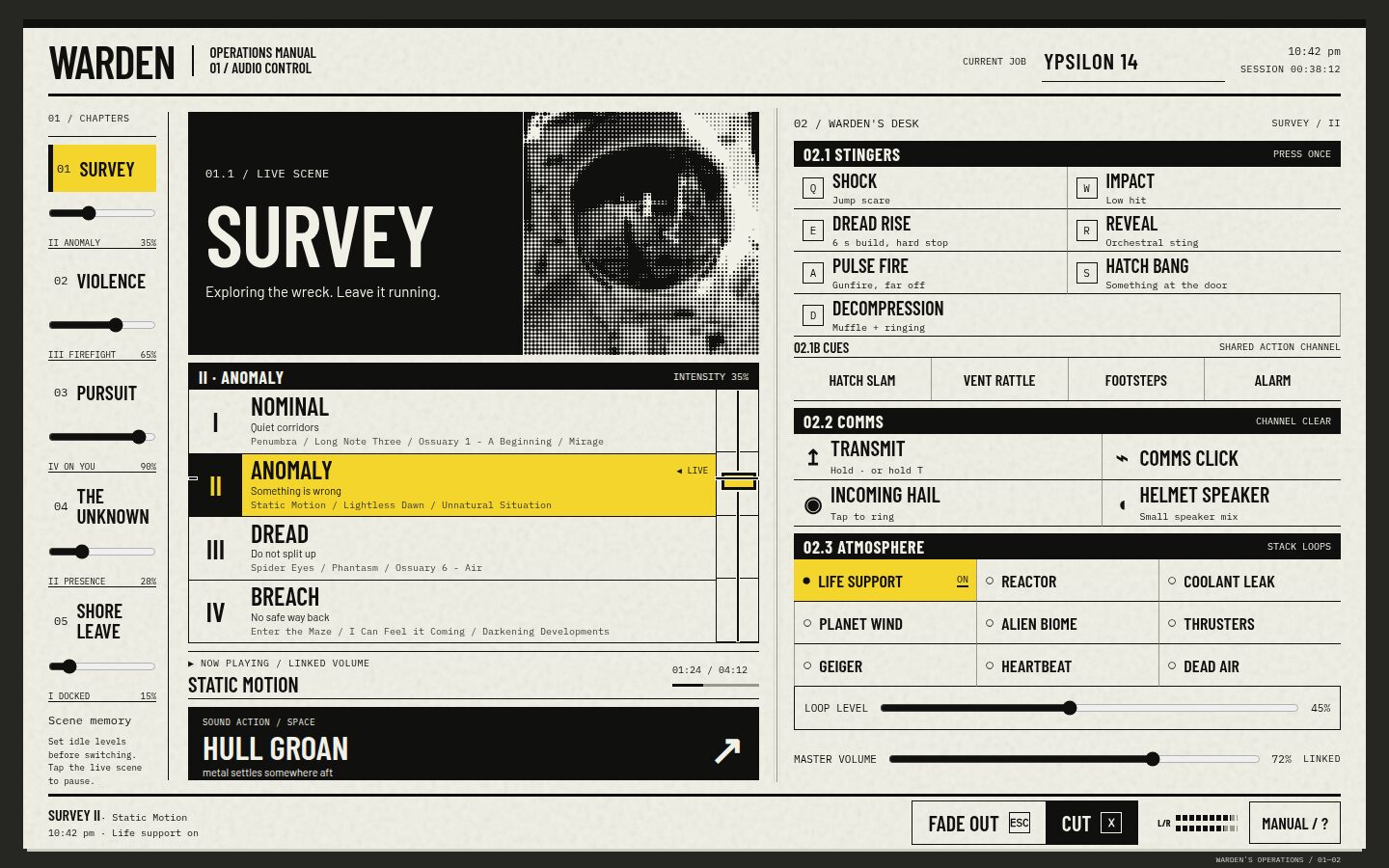 Operations manual skin, built by GPT-6.1 Sol, showing the Survey scene