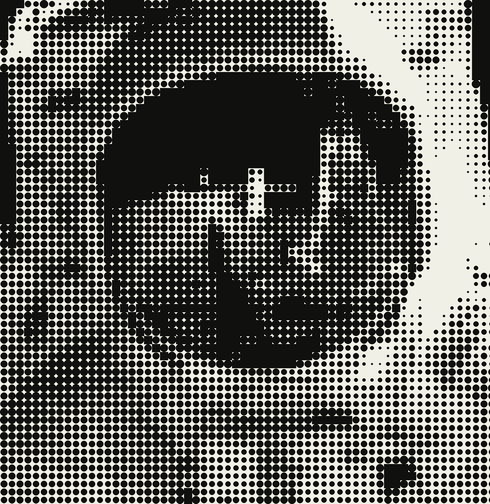 Close halftone crop of a helmet visor, reflected figure and suit hardware.